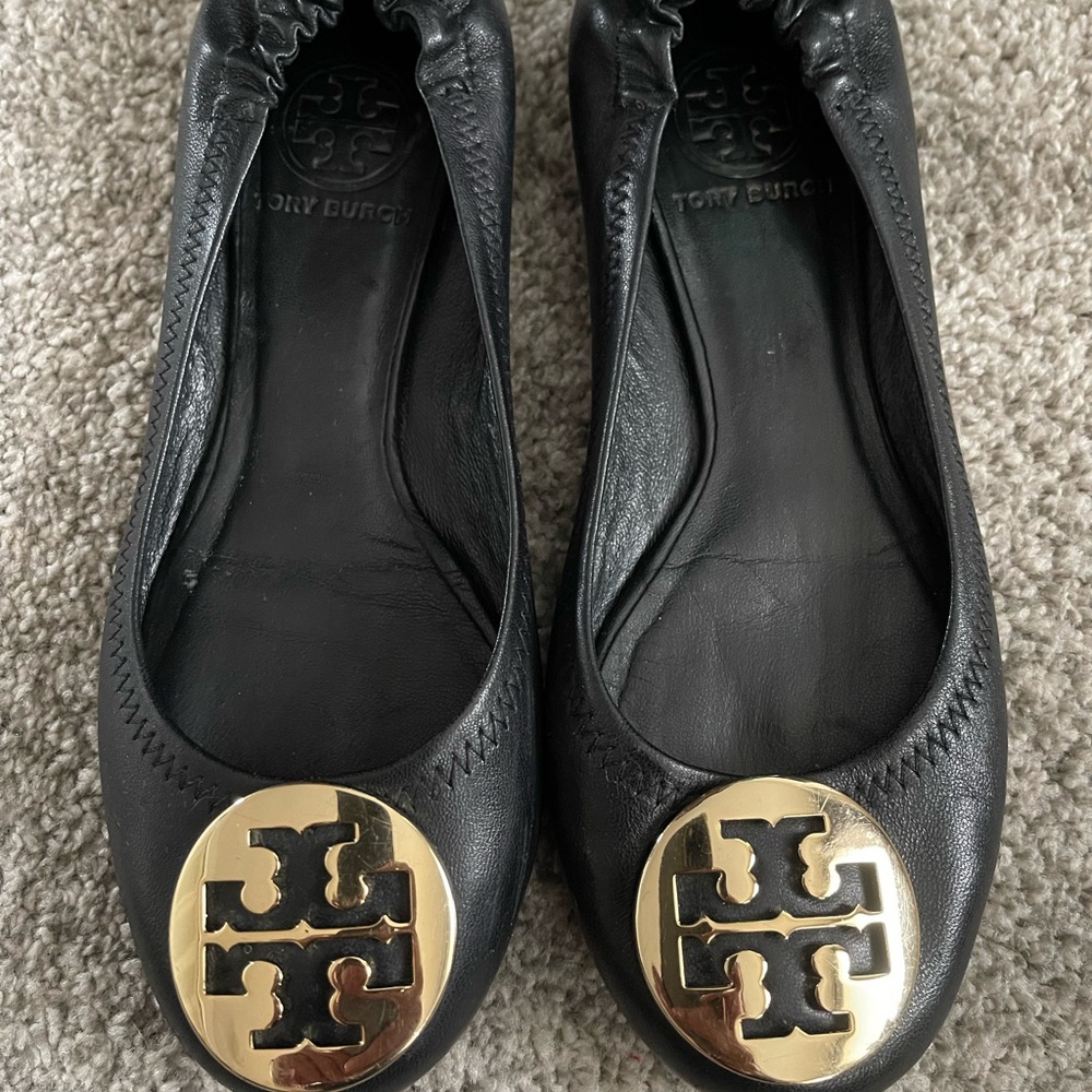 Tory Burch Black Ballet Flats with Gold Logo